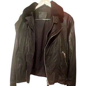 All Saints Dark Leather Bomber Jacket